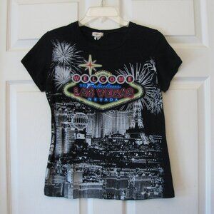 * Welcome To Las Vegas T Tshirt Fits Medium Black with Sequins Stretch